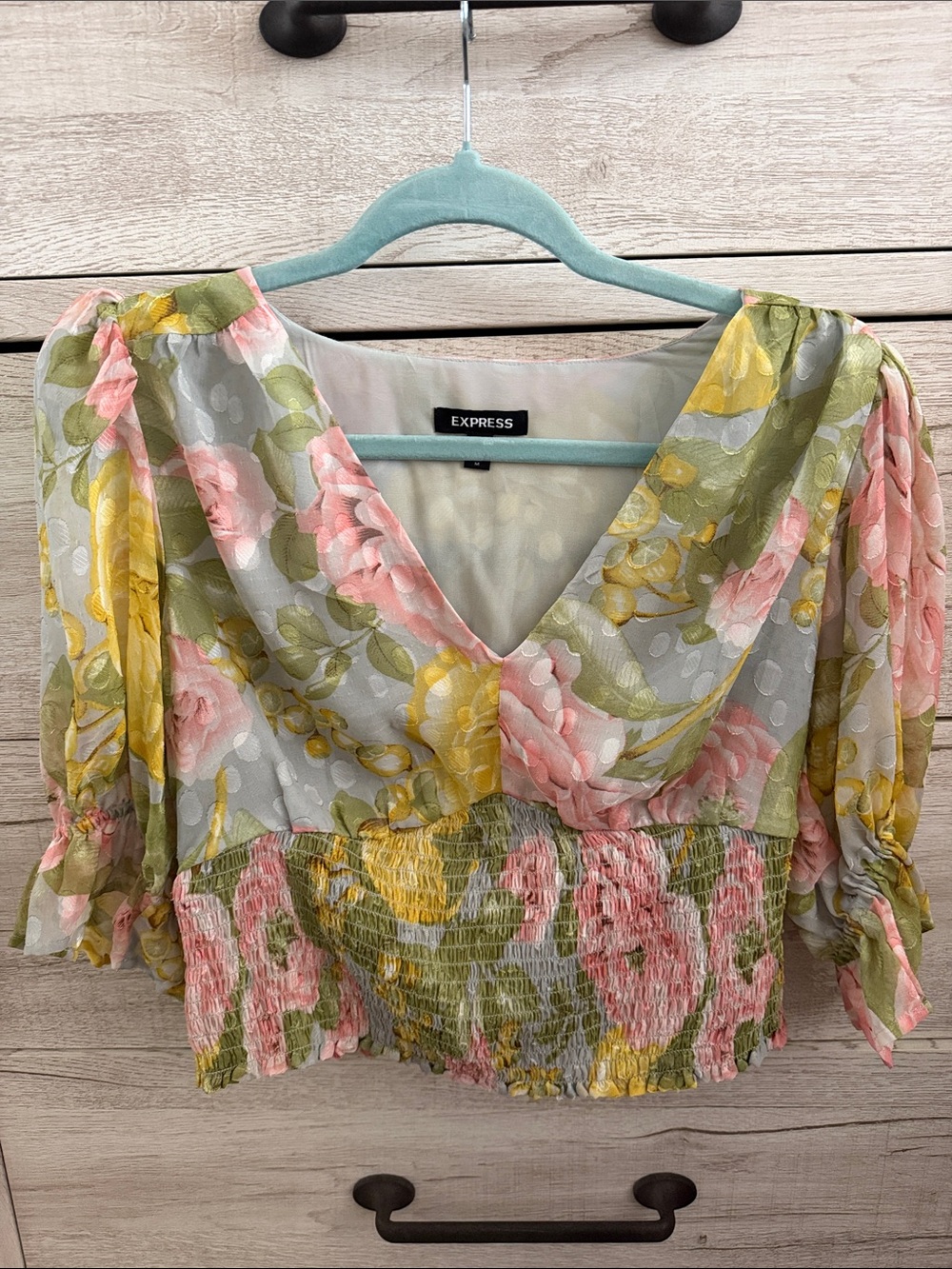 Express Pastel Floral V-Neck Smocked Waist Blouse — Pink, Yellow, Sage